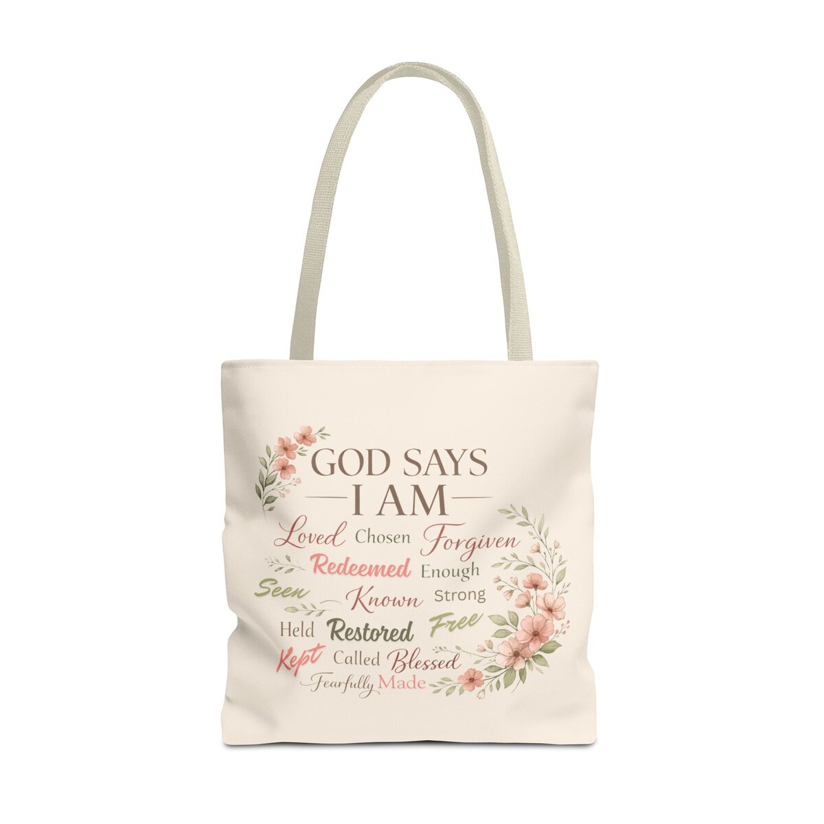 GOD SAYS I AM WORD CLOUD - FLORAL MOTIF - BGE - Tote Bag (AOP) - Image 5