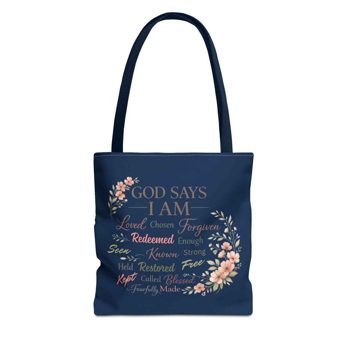 GOD SAYS I AM WORD CLOUD - FLORAL MOTIF - NVY - Tote Bag (AOP) - Image 7