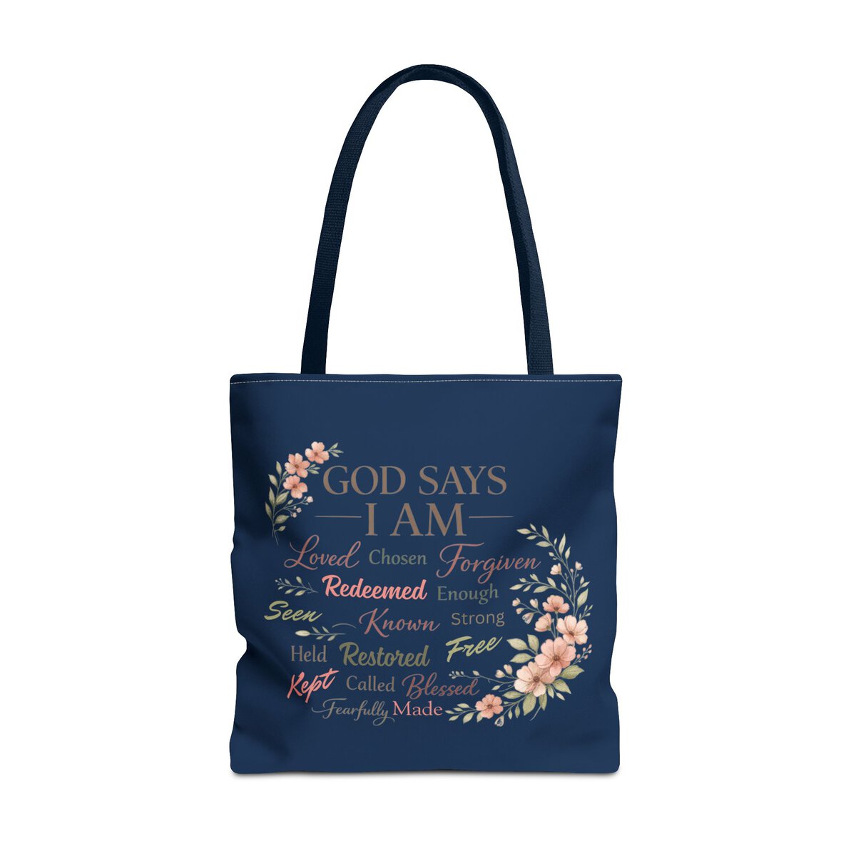 GOD SAYS I AM WORD CLOUD - FLORAL MOTIF - NVY - Tote Bag (AOP) - Image 11