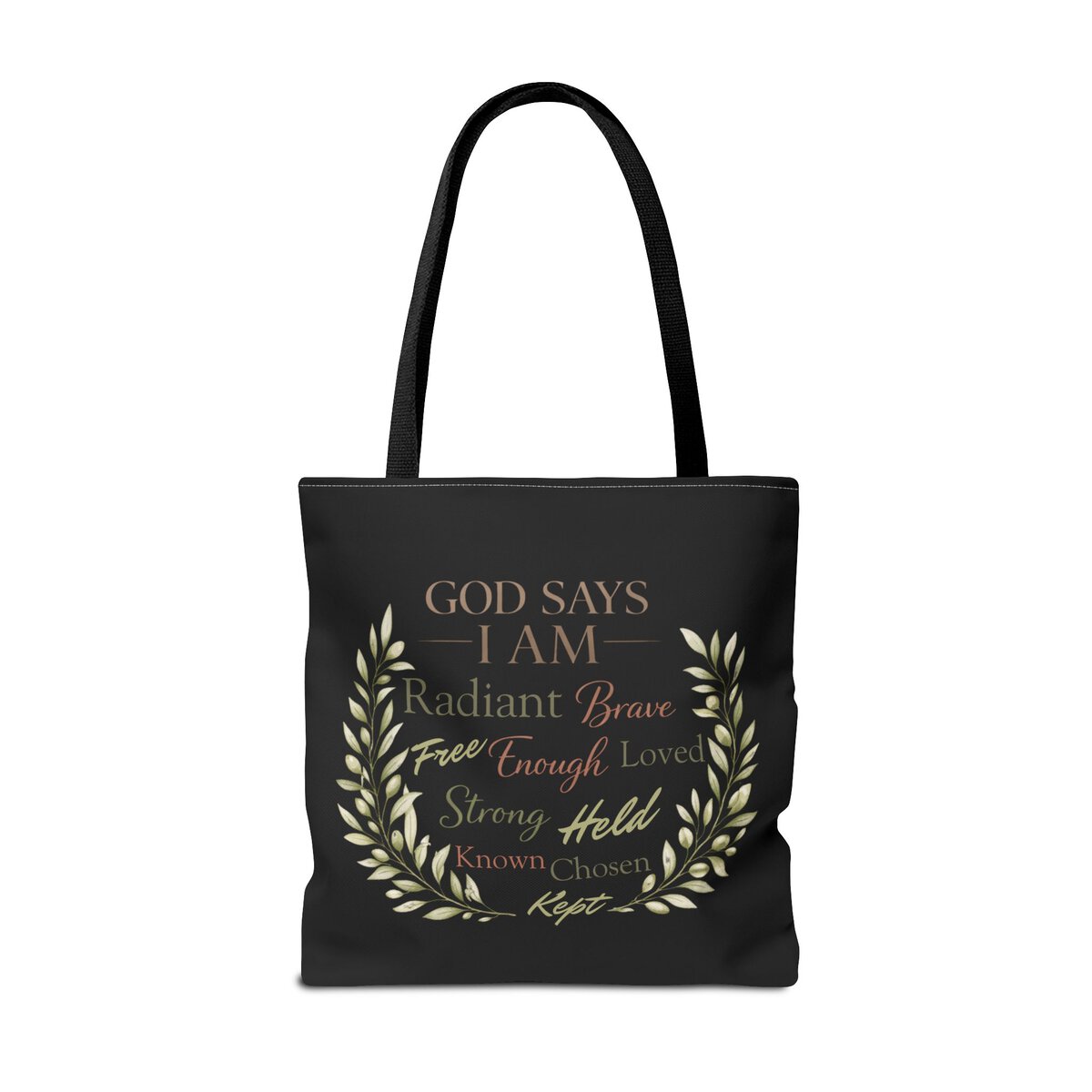 GOD SAYS I AM WORD CLOUD - OLIVE BRANCH MOTIF - BLCK - Tote Bag (AOP) - Image 6