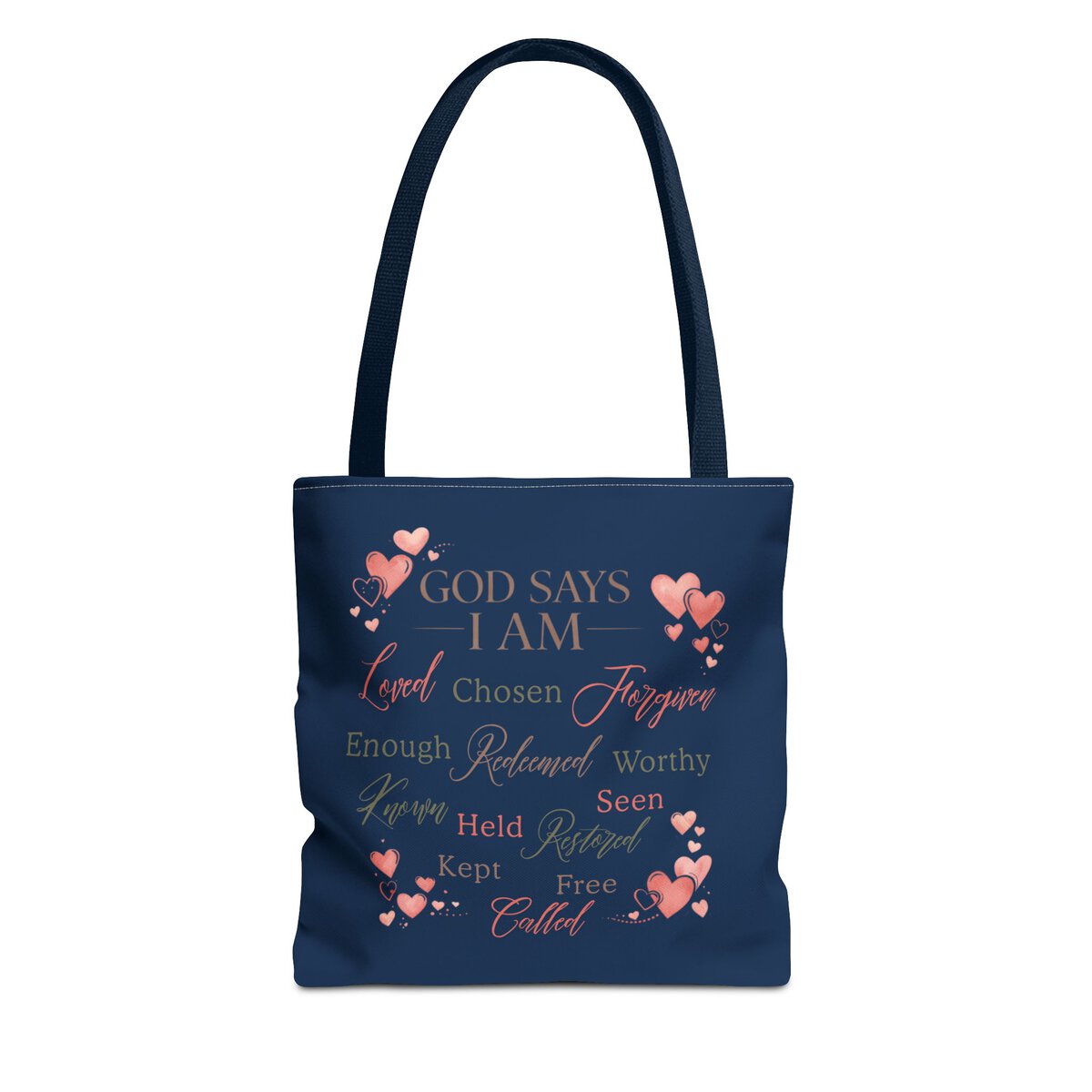 GOD SAYS I AM WORD CLOUD - HEART MOTIF - NVY - Tote Bag (AOP)