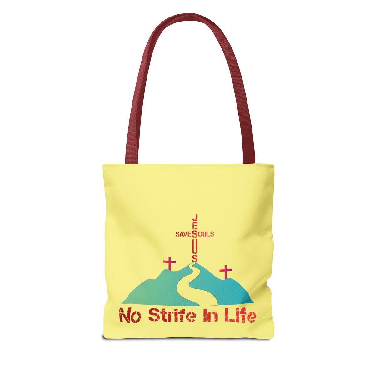 Jesus Saves Souls - No Strife In Life - RD/GRN - YLW - Tote Bag (AOP) - Image 2