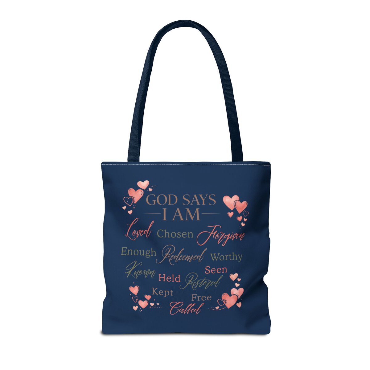 GOD SAYS I AM WORD CLOUD - HEART MOTIF - NVY - Tote Bag (AOP) - Image 4