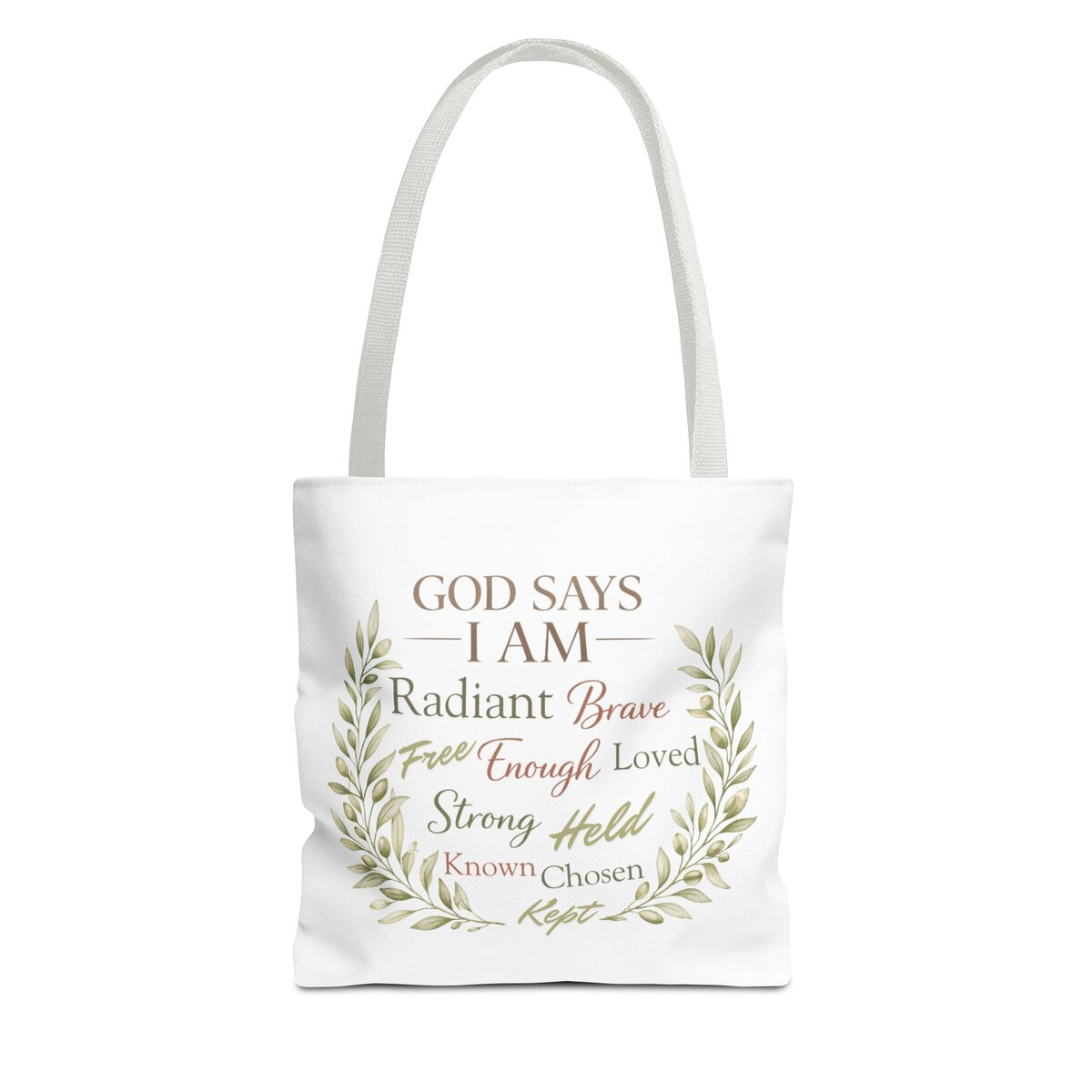 GOD SAYS I AM WORD CLOUD - OLIVE BRANCH MOTIF - WHT - Tote Bag (AOP)