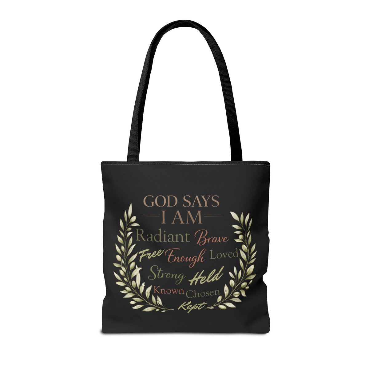 GOD SAYS I AM WORD CLOUD - OLIVE BRANCH MOTIF - BLCK - Tote Bag (AOP) - Image 4