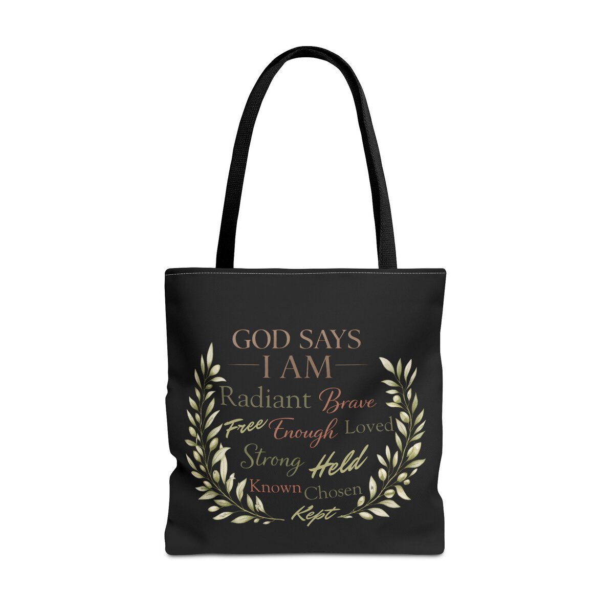 GOD SAYS I AM WORD CLOUD - OLIVE BRANCH MOTIF - BLCK - Tote Bag (AOP) - Image 5