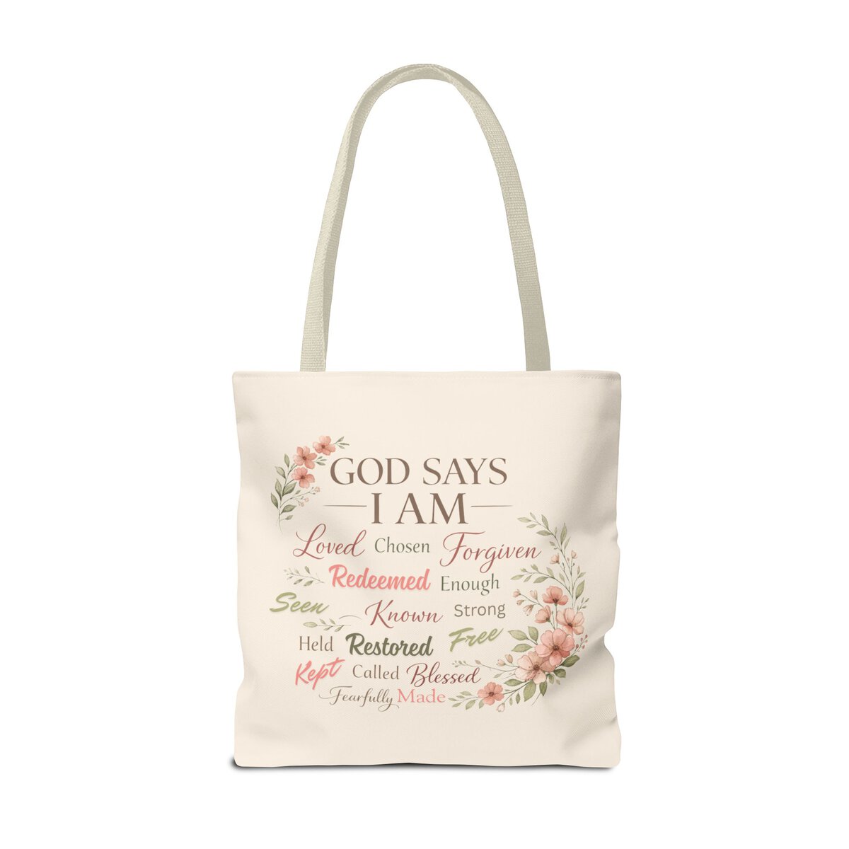 GOD SAYS I AM WORD CLOUD - FLORAL MOTIF - BGE - Tote Bag (AOP) - Image 6