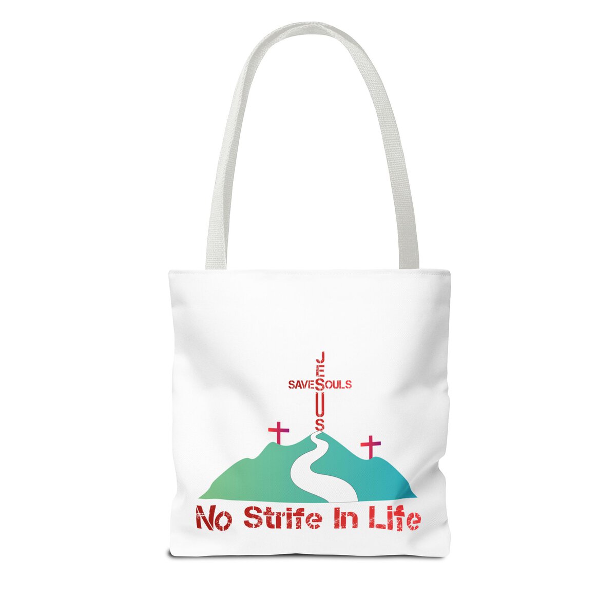 Jesus Saves Souls - No Strife In Life - RD/GRN - WHT - Tote Bag (AOP) - Image 6