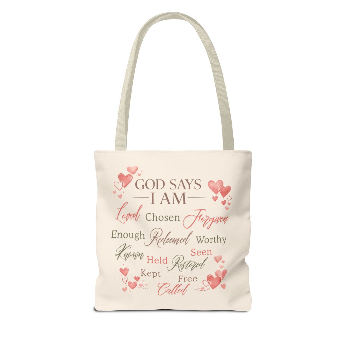 GOD SAYS I AM WORD CLOUD - HEART MOTIF - BGE - Tote Bag (AOP) - Image 2