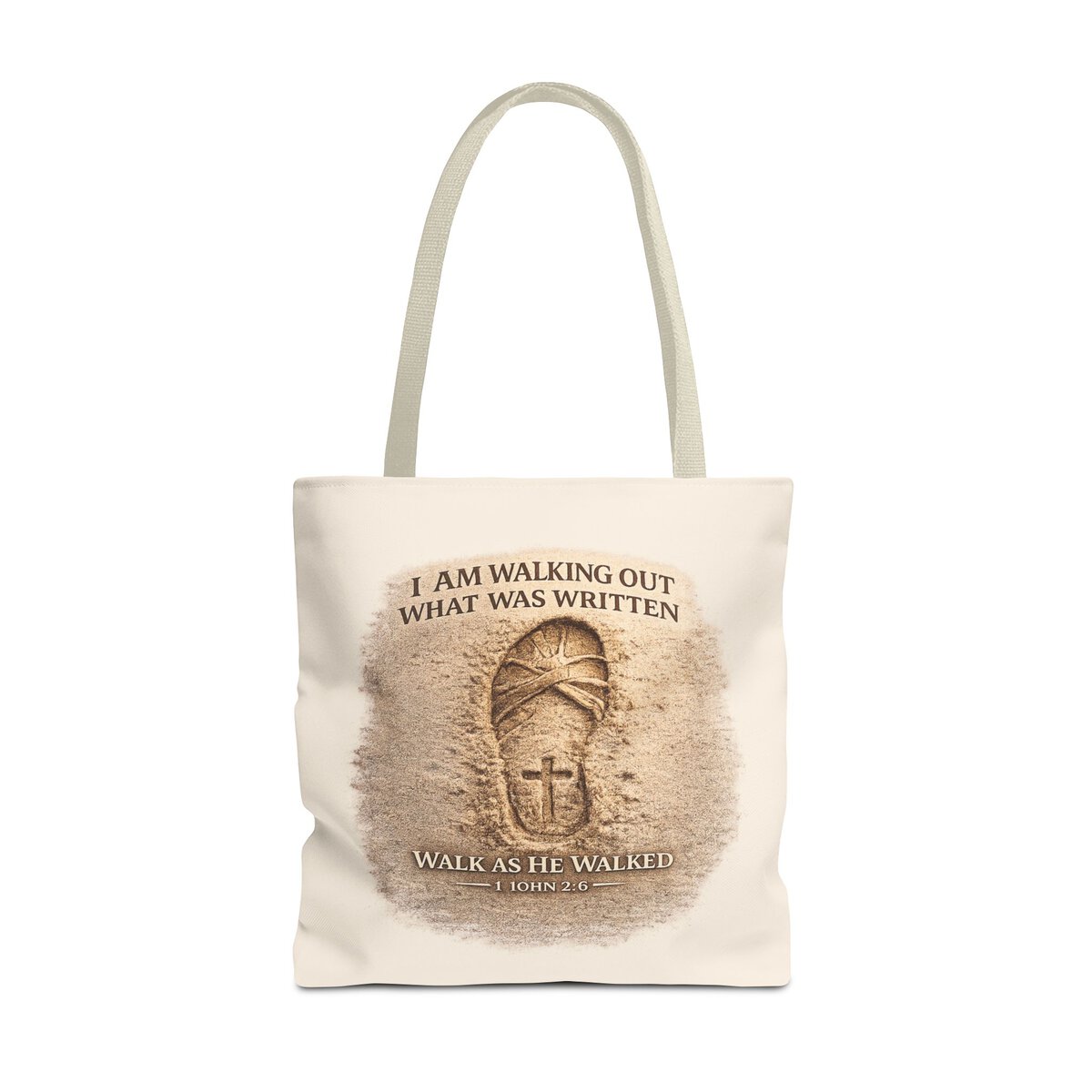 I AM WALKING OUT WHAT WAS WRITTEN - WALK AS HE WALKED - 1 JOHN 2:6 - SANDAL PRINT - BGE - Tote Bag (AOP) - Image 5