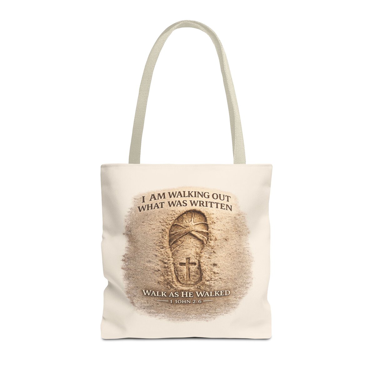 I AM WALKING OUT WHAT WAS WRITTEN - WALK AS HE WALKED - 1 JOHN 2:6 - SANDAL PRINT - BGE - Tote Bag (AOP) - Image 3