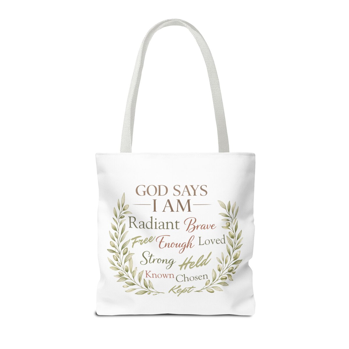 GOD SAYS I AM WORD CLOUD - OLIVE BRANCH MOTIF - WHT - Tote Bag (AOP) - Image 4