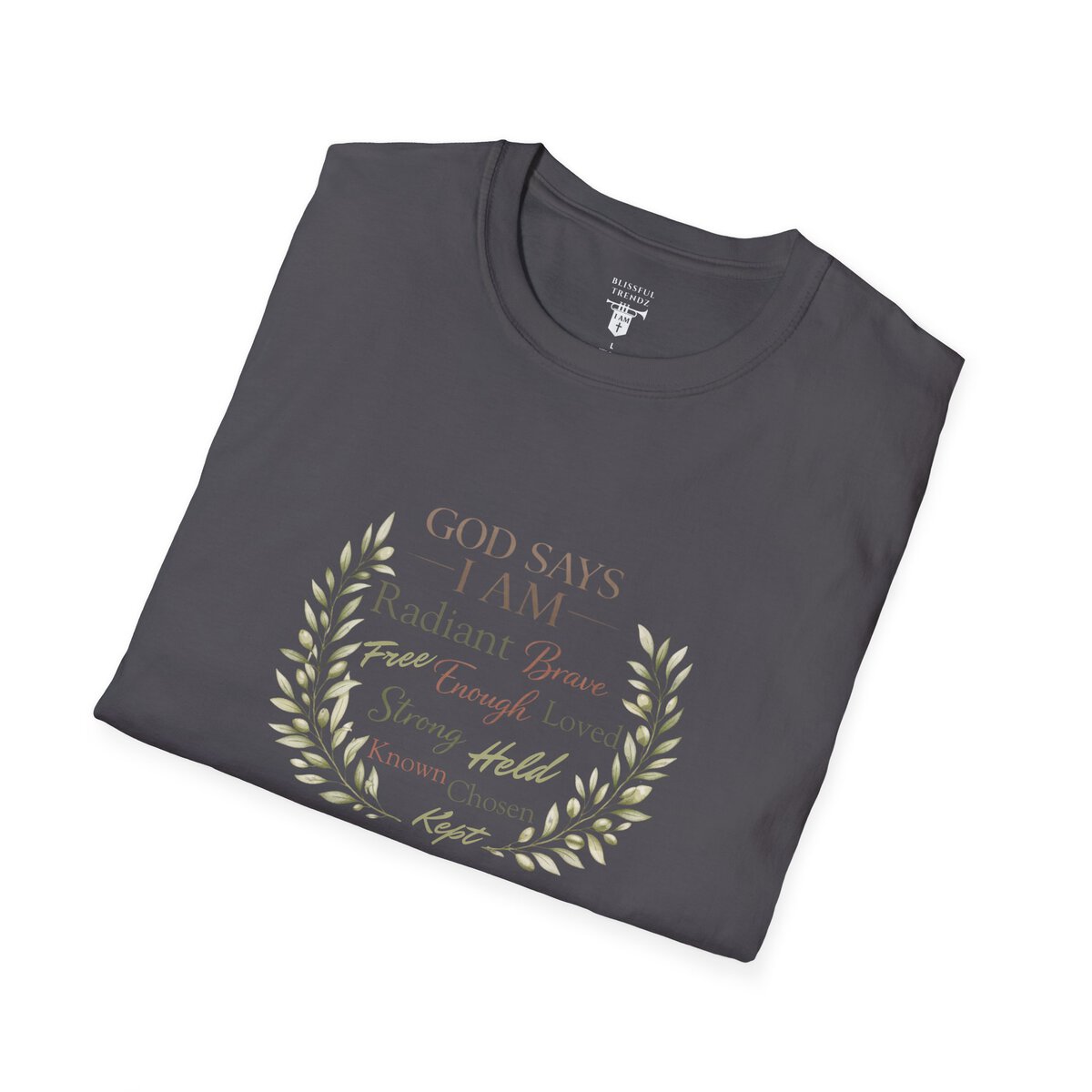 God Says I AM Word Cloud - Olive Branch Motif - Unisex Softstyle T-Shirt - Image 24