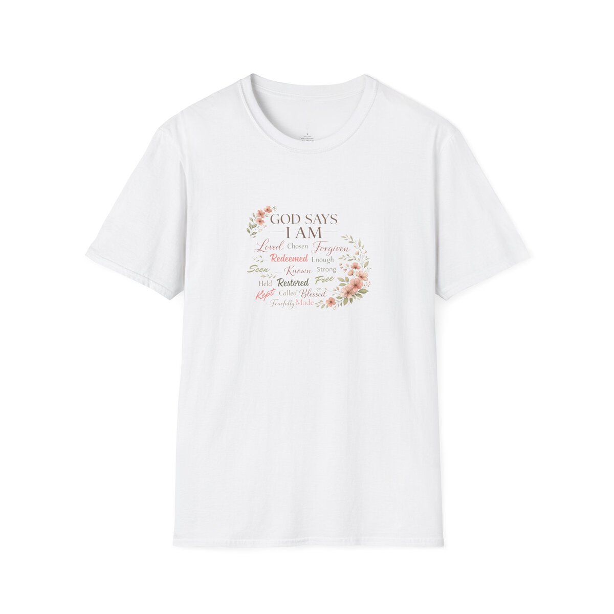 God Says I AM Word Cloud - Floral Motif - Unisex Softstyle T-Shirt - Image 4