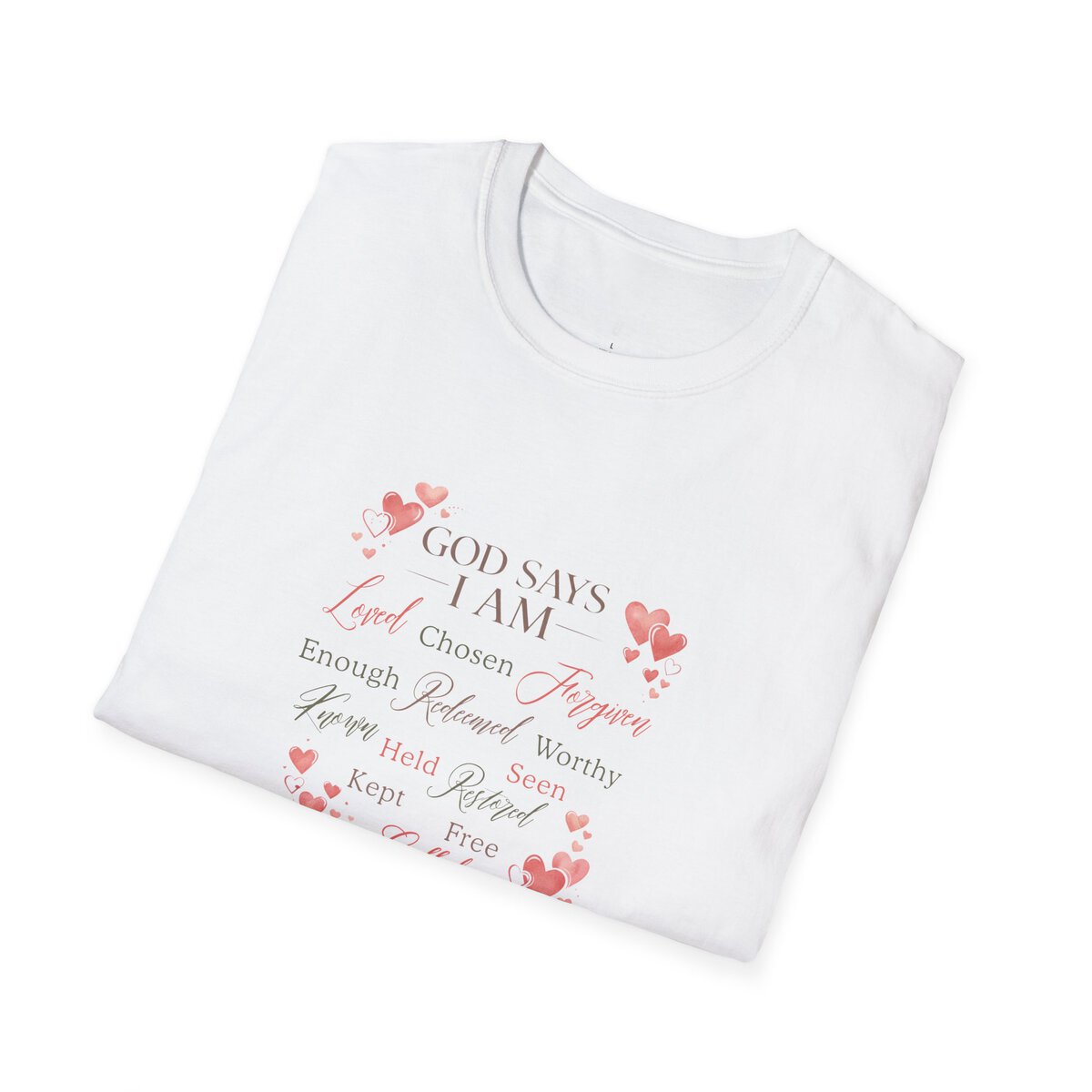God Says I AM Word Cloud - Heart Motif - Unisex Softstyle T-Shirt - Image 9