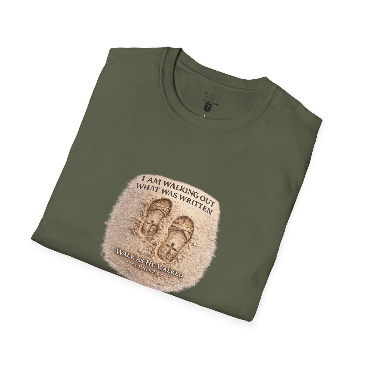 I AM WALKING OUT WHAT WAS WRITTEN - WALK AS HE WALKED - 1 JOHN 2:6 - IMPRINT OF SANDALS W/CROSS - MNCHRM - Unisex Softstyle T-Shirt - Image 18