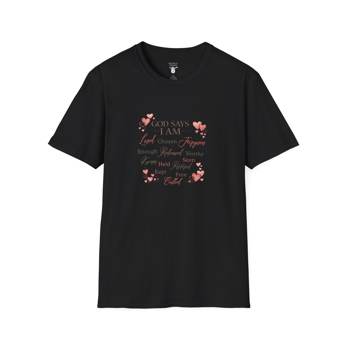 God Says I AM Word Cloud - Heart Motif - Unisex Softstyle T-Shirt - Image 10