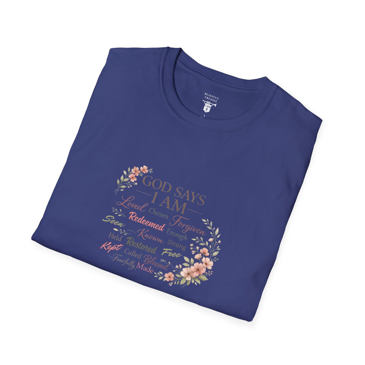 God Says I AM Word Cloud - Floral Motif - Unisex Softstyle T-Shirt - Image 21