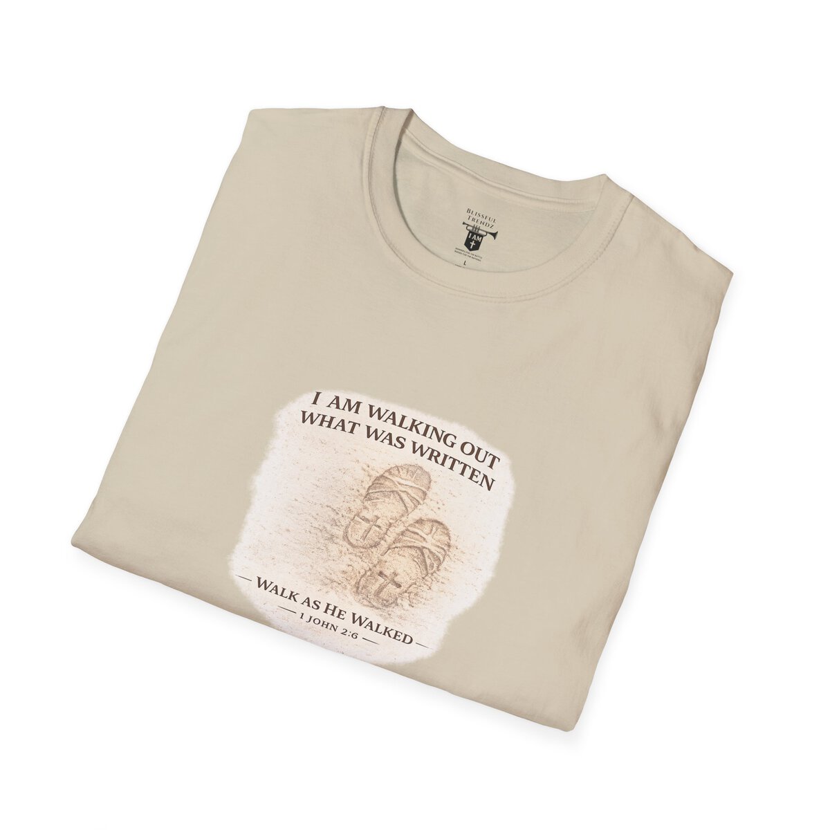 I AM WALKING OUT WHAT WAS WRITTEN - WALK AS HE WALKED - 1 JOHN 2:6 - IMPRINT OF SANDALS W/CROSS - WHT WSHD - Unisex Softstyle T-Shirt - Image 12