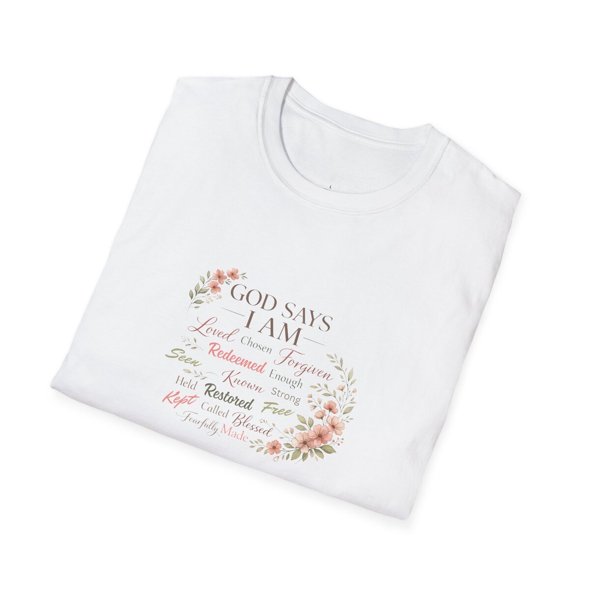 God Says I AM Word Cloud - Floral Motif - Unisex Softstyle T-Shirt - Image 5
