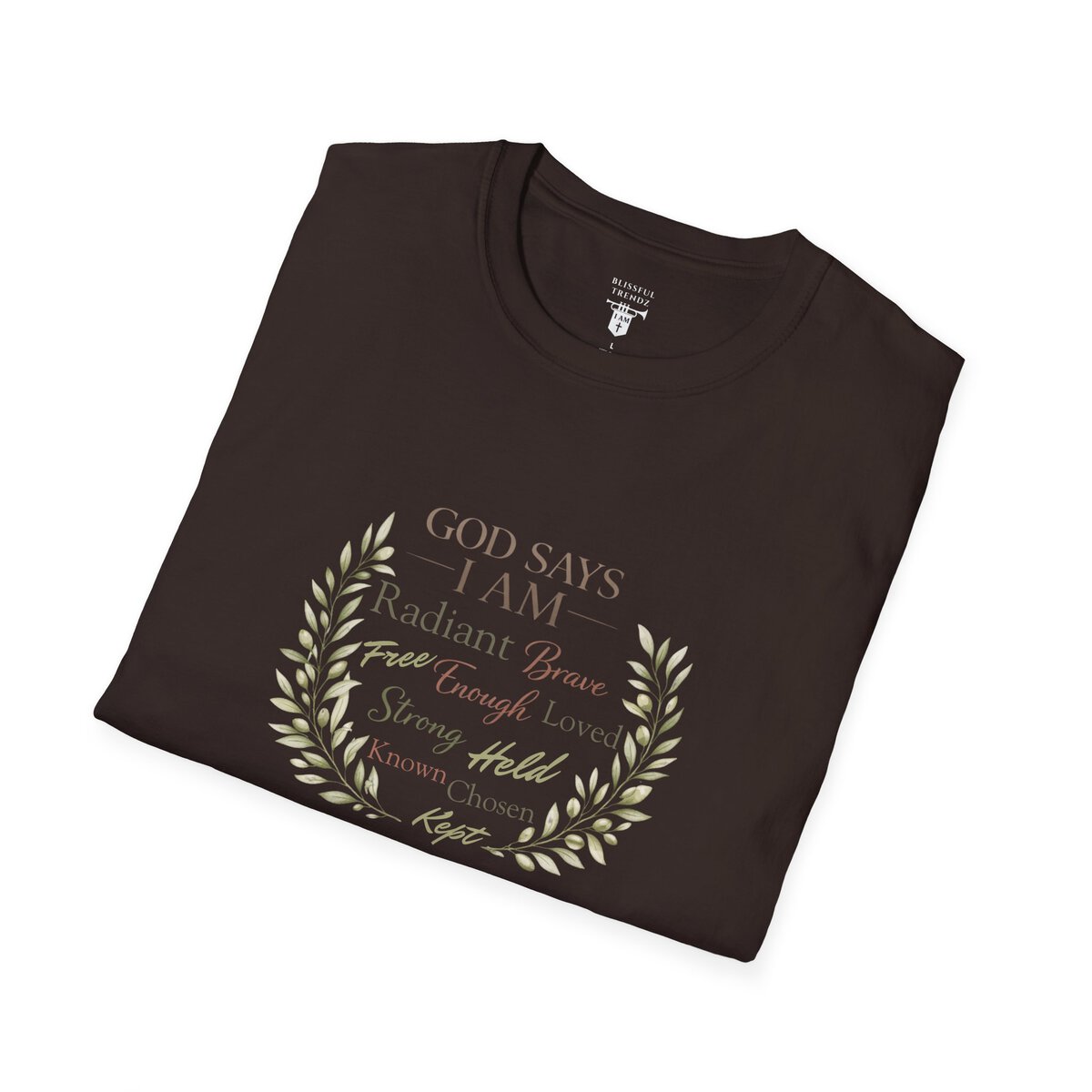 God Says I AM Word Cloud - Olive Branch Motif - Unisex Softstyle T-Shirt - Image 12