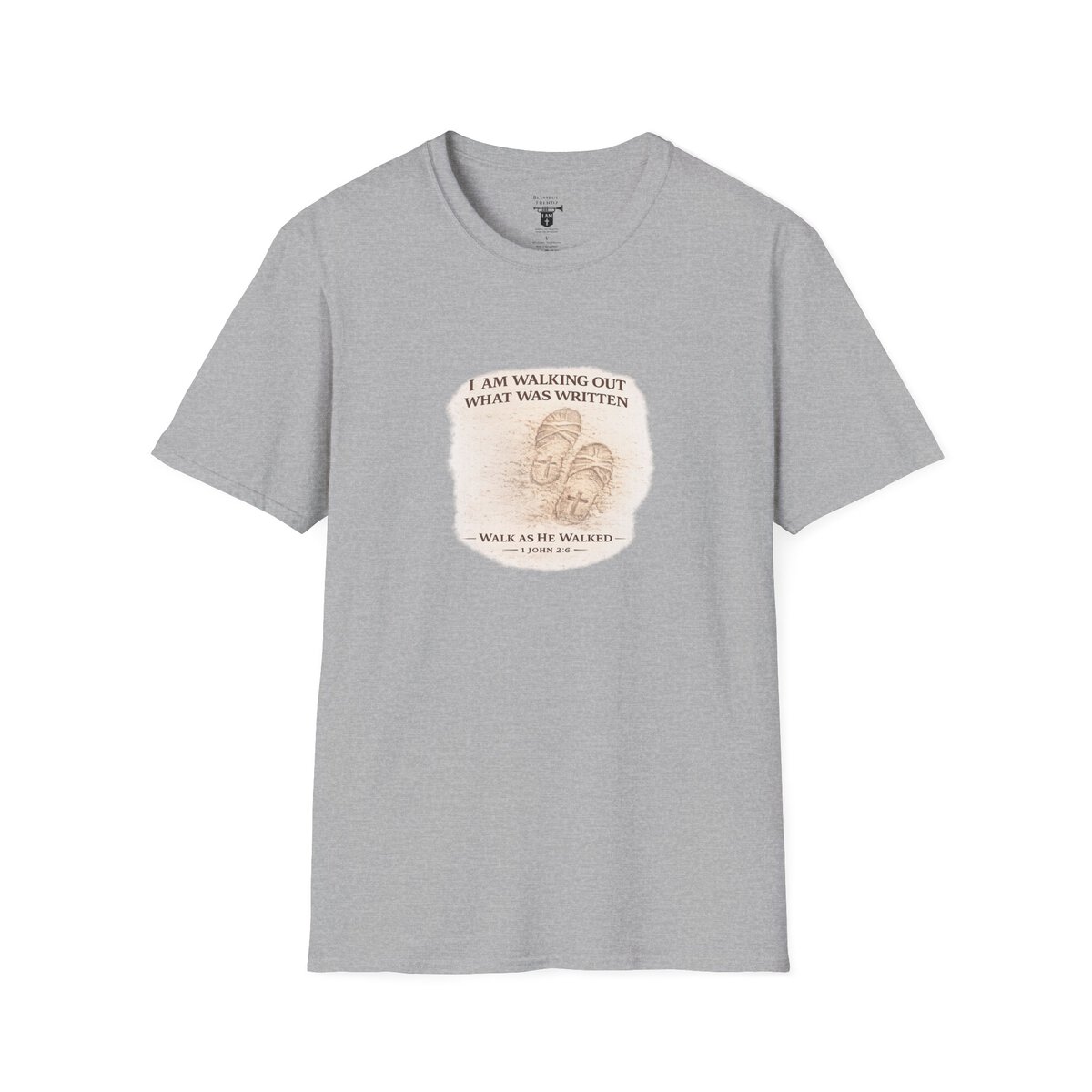 I AM WALKING OUT WHAT WAS WRITTEN - WALK AS HE WALKED - 1 JOHN 2:6 - IMPRINT OF SANDALS W/CROSS - WHT WSHD - Unisex Softstyle T-Shirt - Image 13