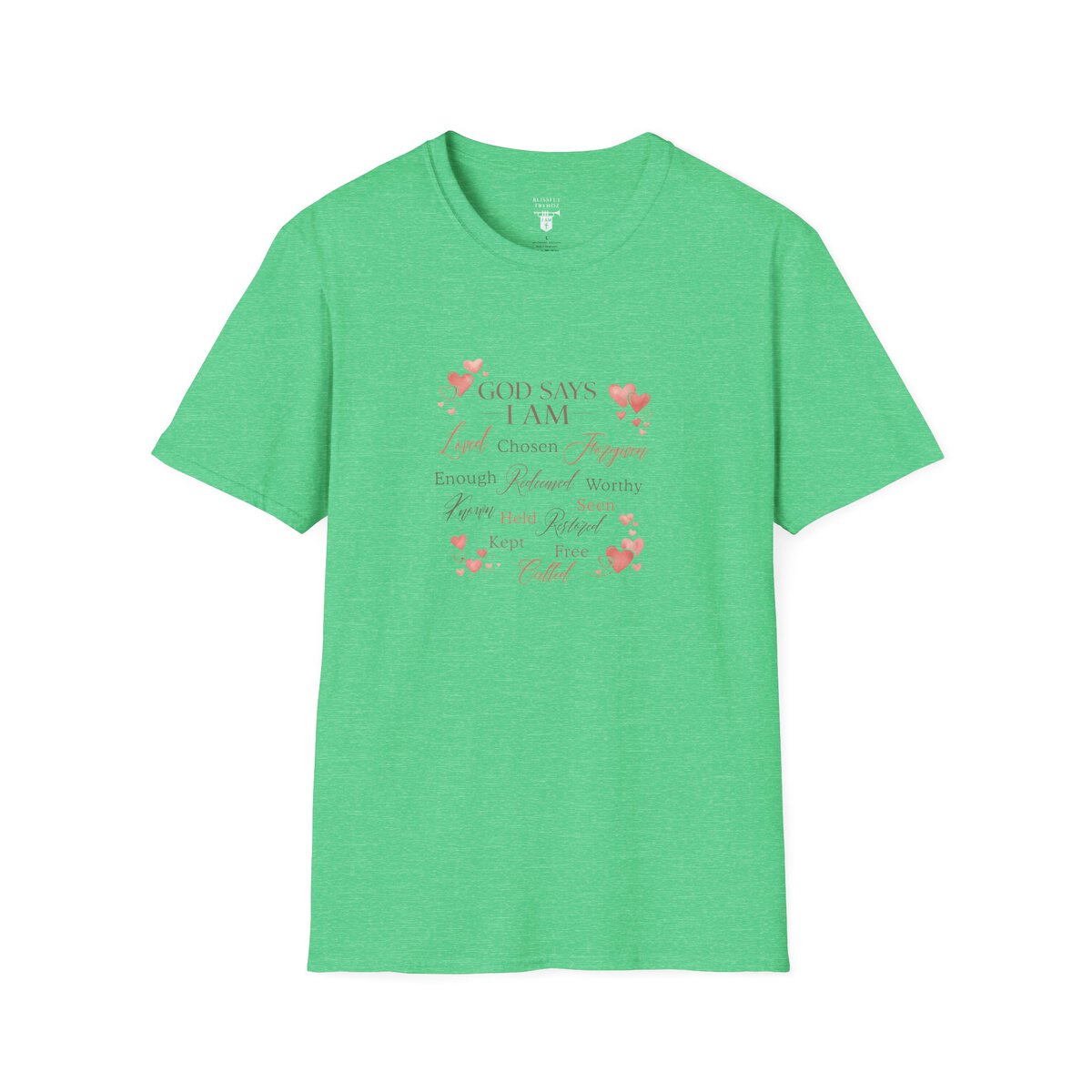 God Says I AM Word Cloud - Heart Motif - Unisex Softstyle T-Shirt - Image 28