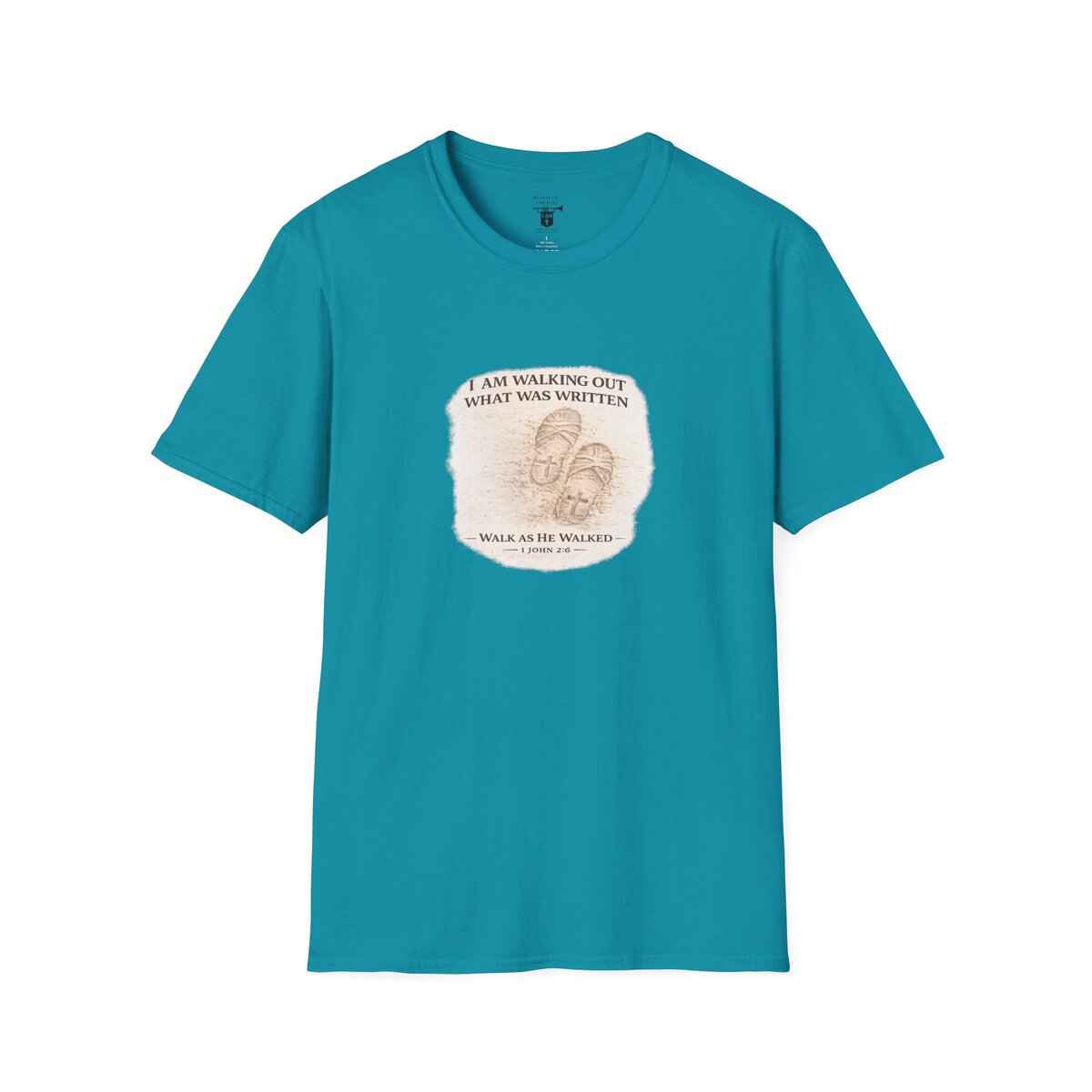 I AM WALKING OUT WHAT WAS WRITTEN - WALK AS HE WALKED - 1 JOHN 2:6 - IMPRINT OF SANDALS W/CROSS - WHT WSHD - Unisex Softstyle T-Shirt - Image 31