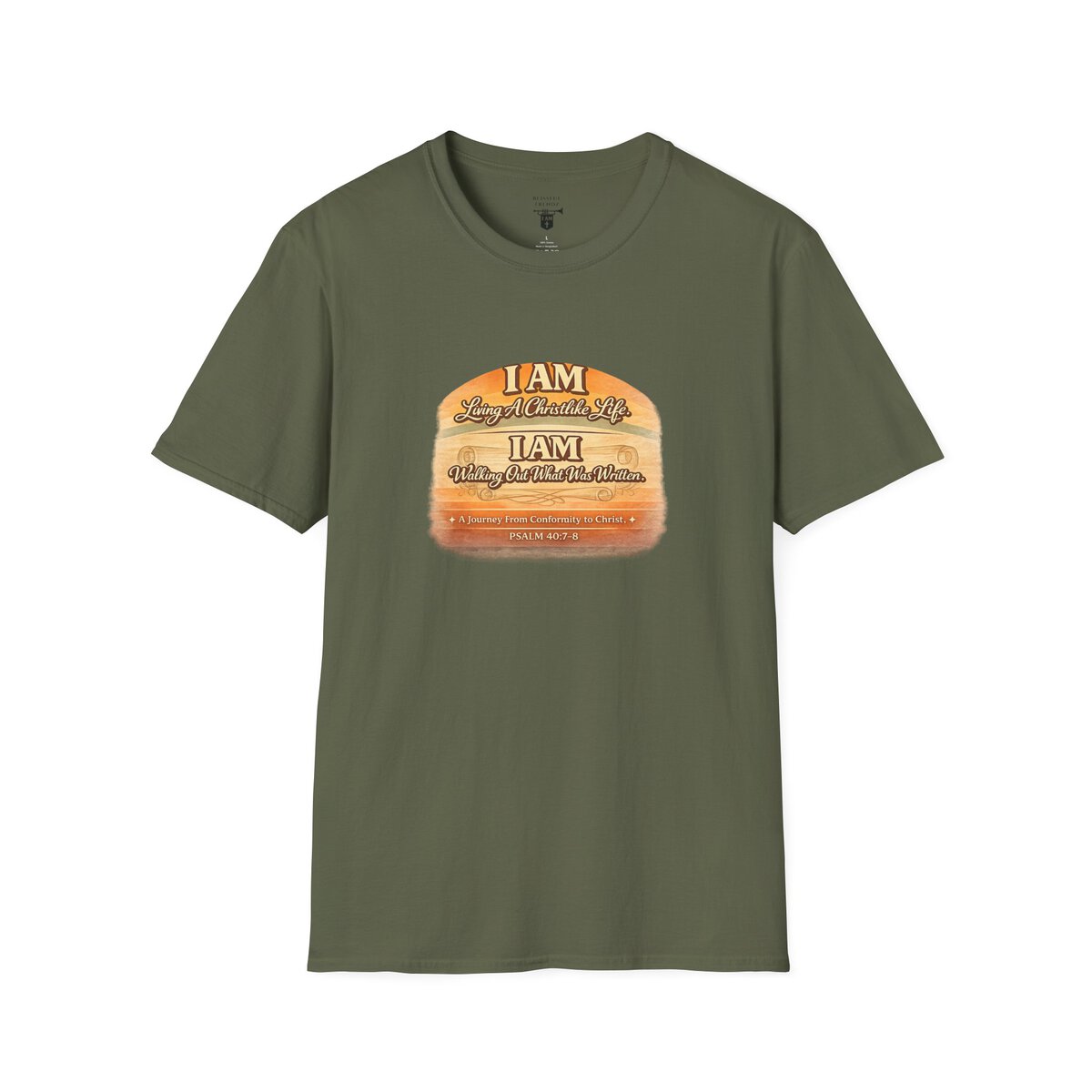 I AM Living A Christlike Life. I AM Walking Out What Was Written. A Journey From Conformity to Christ. - PSALM 40:7-8 - Scroll - Retro Sunset Grad - Unisex Softstyle T-Shirt - Image 31