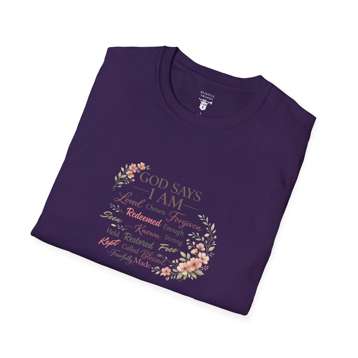 God Says I AM Word Cloud - Floral Motif - Unisex Softstyle T-Shirt - Image 3