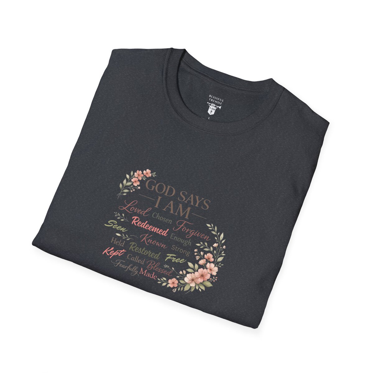 God Says I AM Word Cloud - Floral Motif - Unisex Softstyle T-Shirt - Image 24