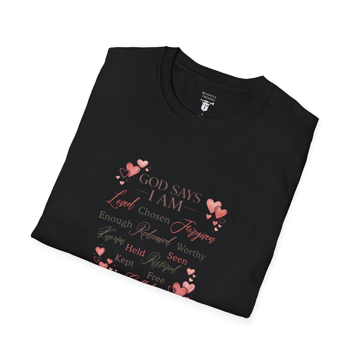 God Says I AM Word Cloud - Heart Motif - Unisex Softstyle T-Shirt - Image 12