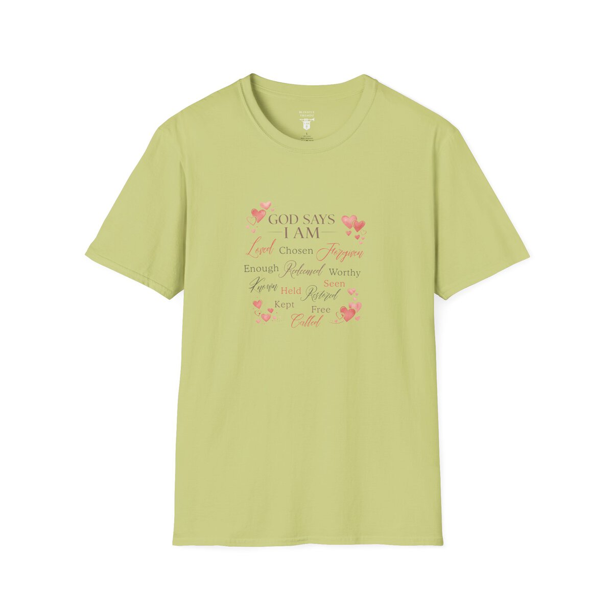 God Says I AM Word Cloud - Heart Motif - Unisex Softstyle T-Shirt - Image 19