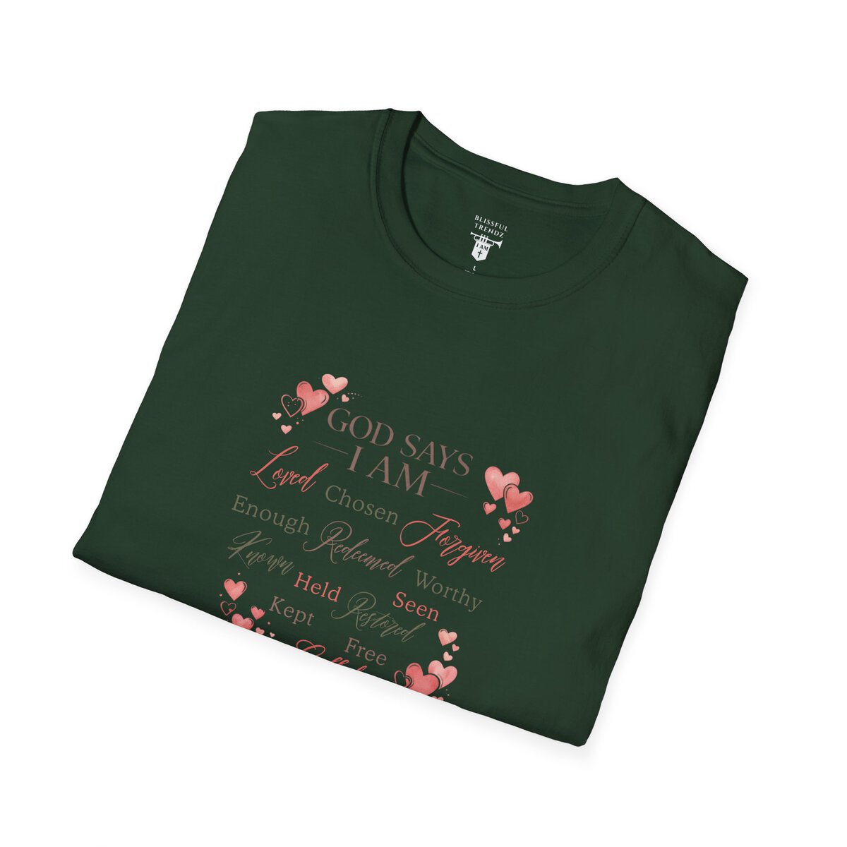 God Says I AM Word Cloud - Heart Motif - Unisex Softstyle T-Shirt - Image 27