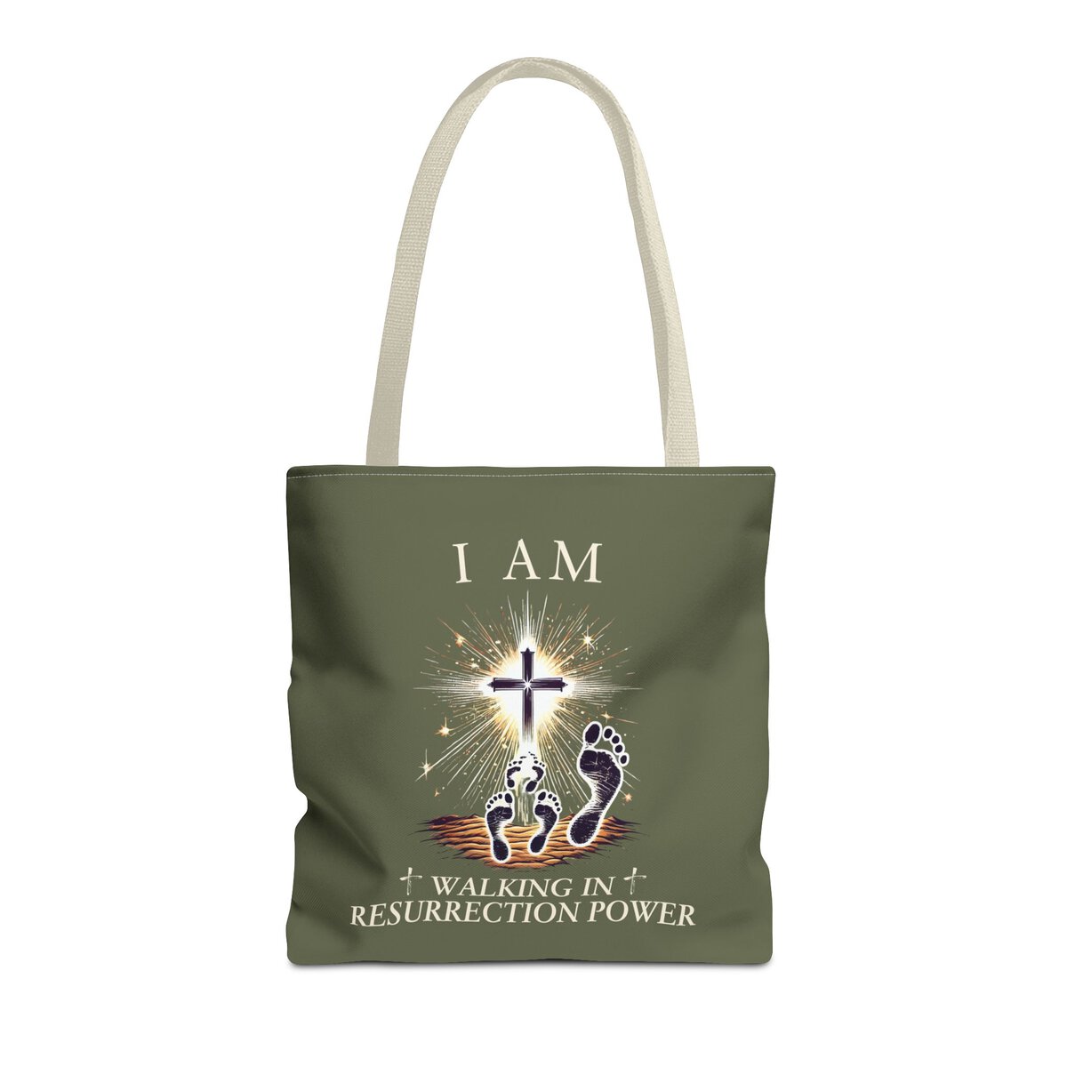 I AM Walking In Resurrection Power - Footprints - MLT GRN - Tote Bag (AOP) - Image 9