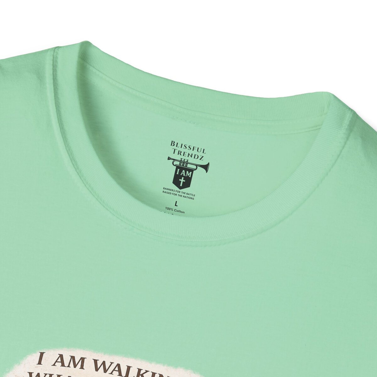 I AM WALKING OUT WHAT WAS WRITTEN - WALK AS HE WALKED - 1 JOHN 2:6 - IMPRINT OF SANDALS W/CROSS - WHT WSHD - Unisex Softstyle T-Shirt - Image 2