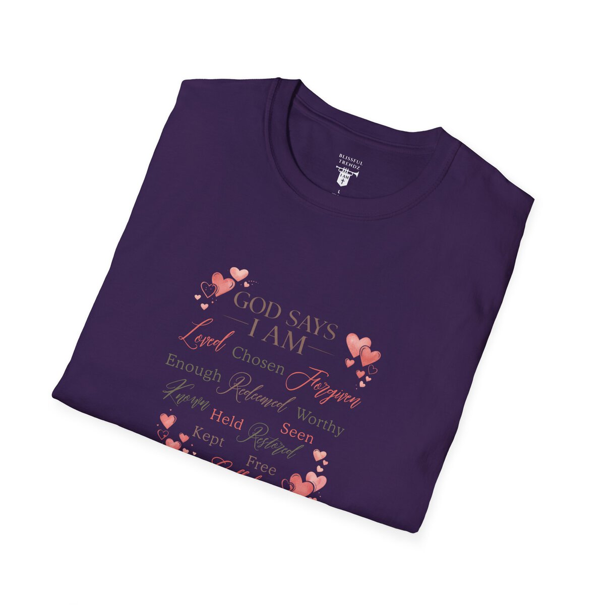 God Says I AM Word Cloud - Heart Motif - Unisex Softstyle T-Shirt - Image 39
