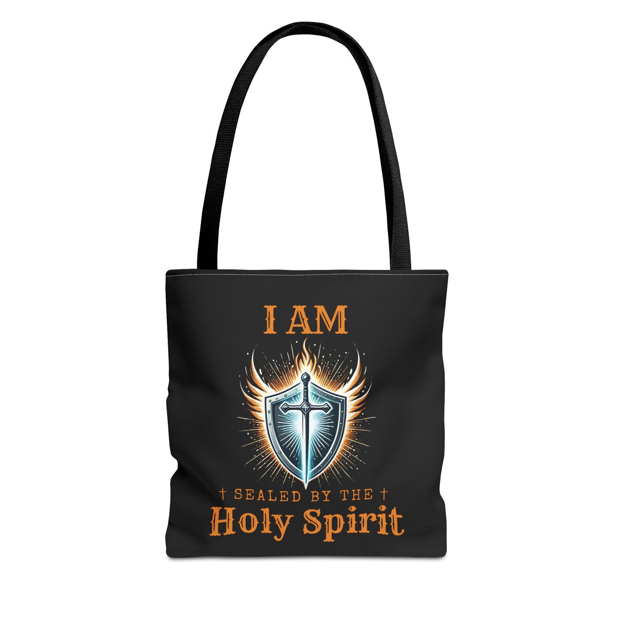 I AM Sealed By The Holy Spirit - Shield W/CROSS - BLK - Tote Bag (AOP)