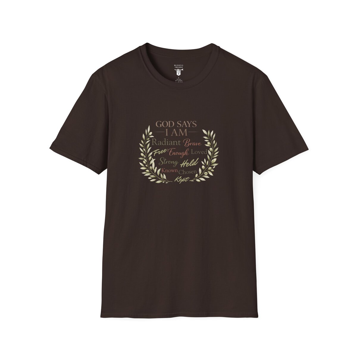 God Says I AM Word Cloud - Olive Branch Motif - Unisex Softstyle T-Shirt - Image 10