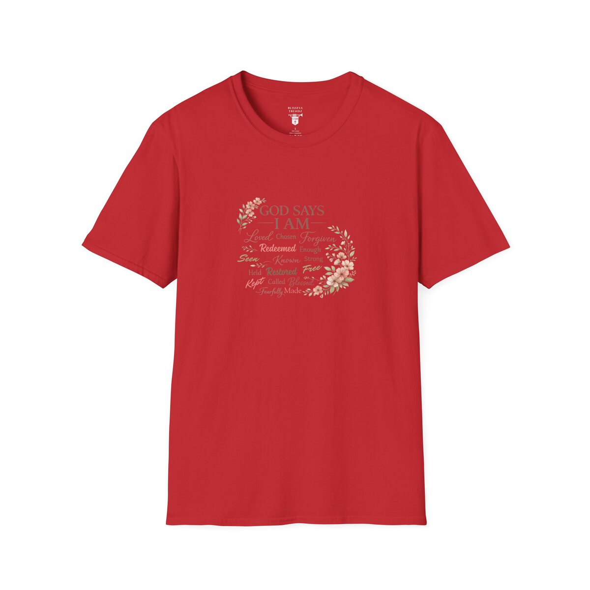 God Says I AM Word Cloud - Floral Motif - Unisex Softstyle T-Shirt - Image 31