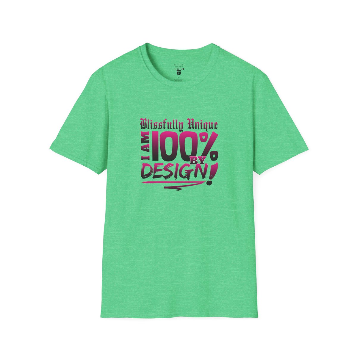 Blissfully Unique - I AM 100% by Design - Typography - DRK PNK - Unisex Softstyle T-Shirt - Image 4