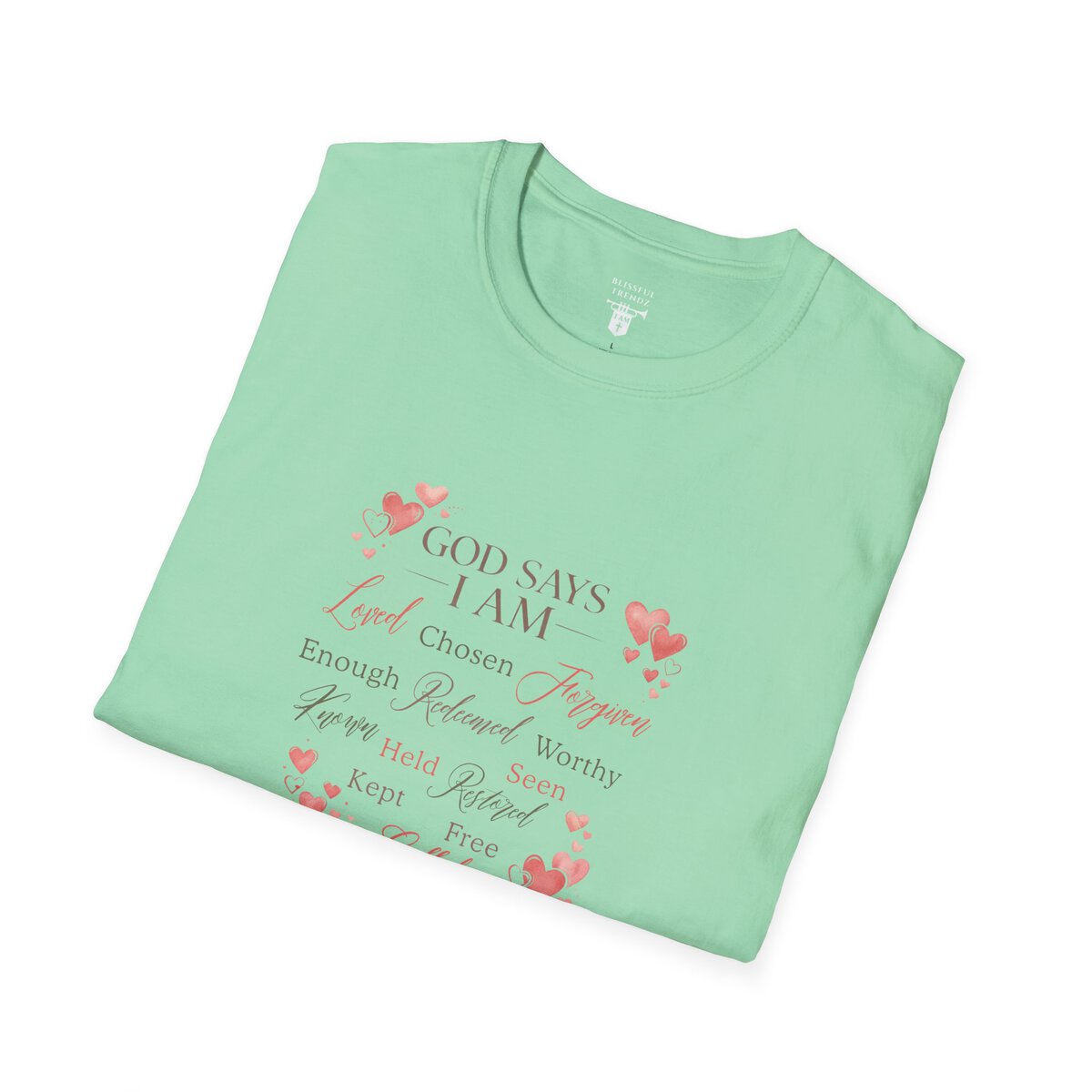 God Says I AM Word Cloud - Heart Motif - Unisex Softstyle T-Shirt - Image 24