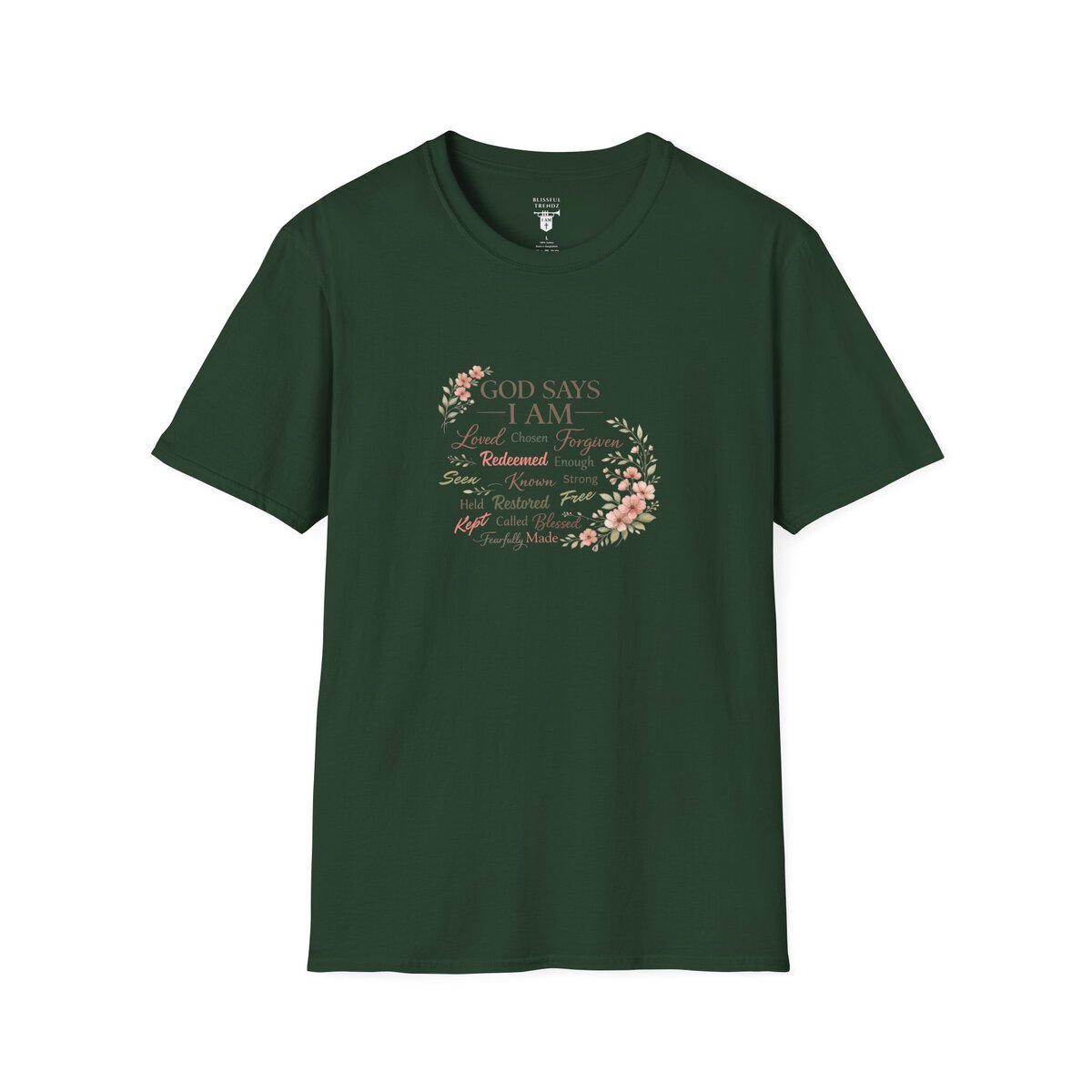 God Says I AM Word Cloud - Floral Motif - Unisex Softstyle T-Shirt - Image 13