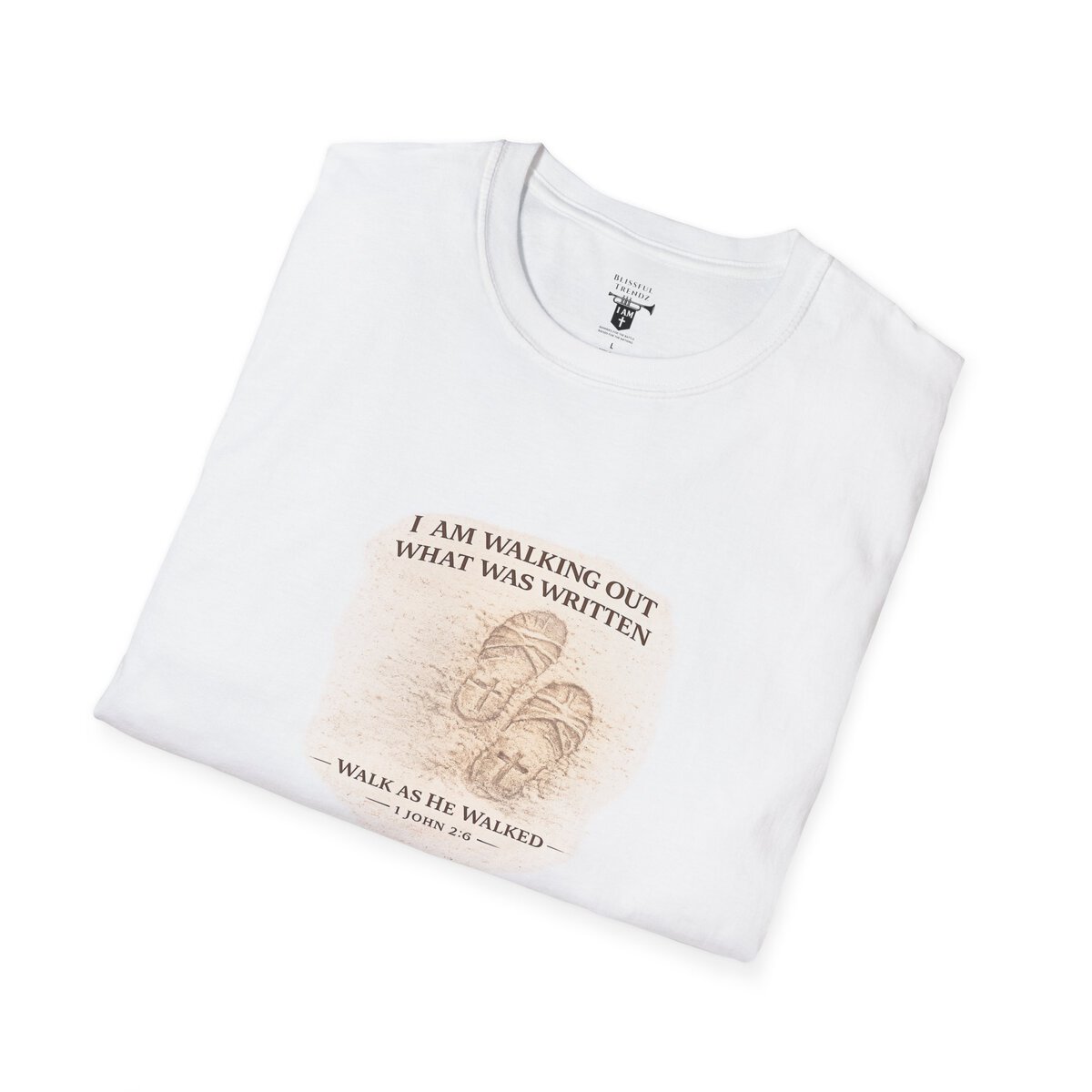 I AM WALKING OUT WHAT WAS WRITTEN - WALK AS HE WALKED - 1 JOHN 2:6 - IMPRINT OF SANDALS W/CROSS - WHT WSHD - Unisex Softstyle T-Shirt - Image 6