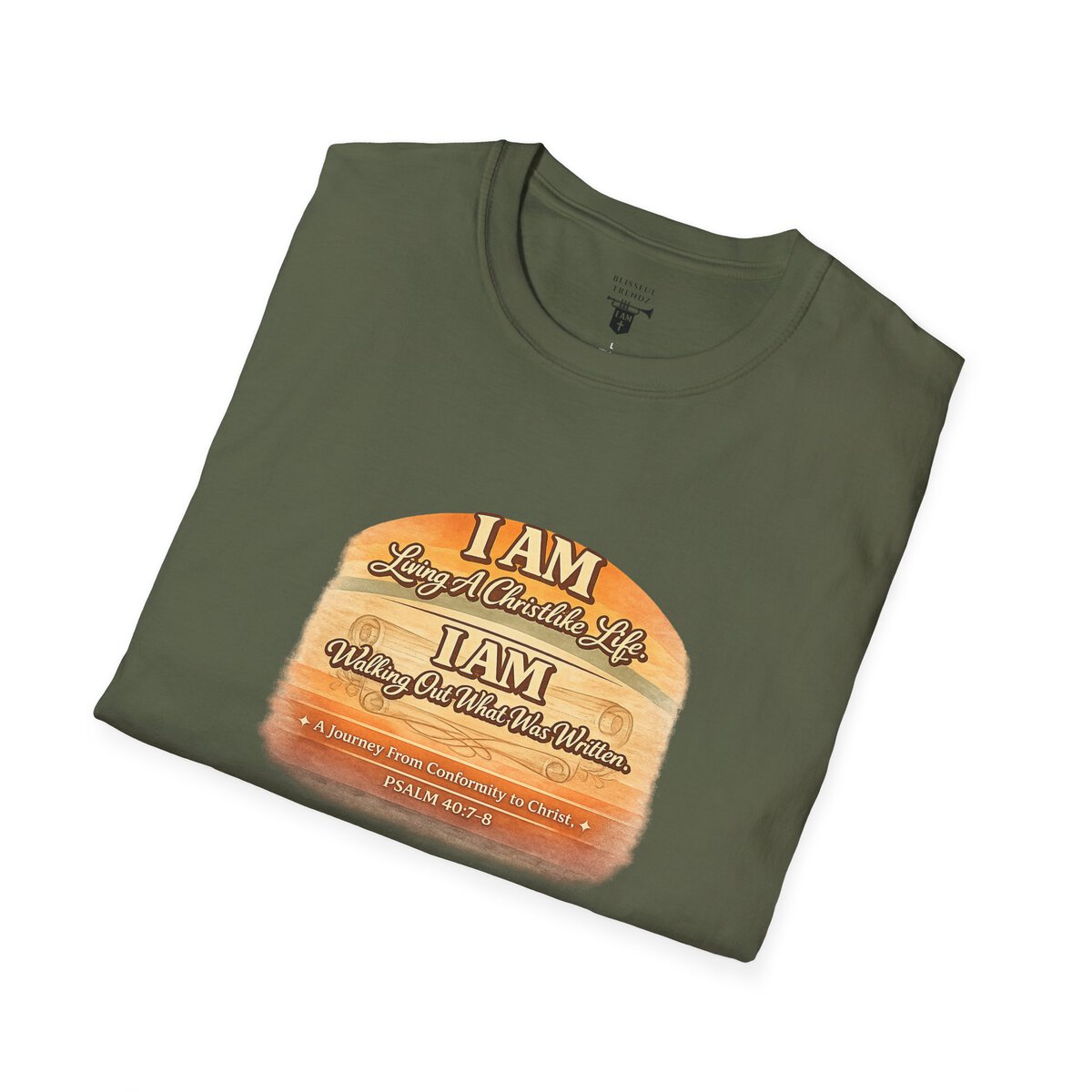 I AM Living A Christlike Life. I AM Walking Out What Was Written. A Journey From Conformity to Christ. - PSALM 40:7-8 - Scroll - Retro Sunset Grad - Unisex Softstyle T-Shirt - Image 33