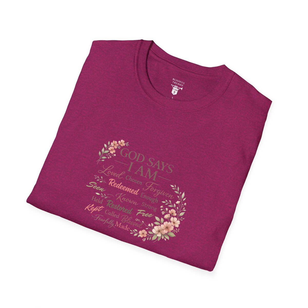 God Says I AM Word Cloud - Floral Motif - Unisex Softstyle T-Shirt - Image 30