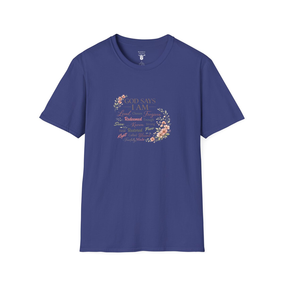 God Says I AM Word Cloud - Floral Motif - Unisex Softstyle T-Shirt - Image 19