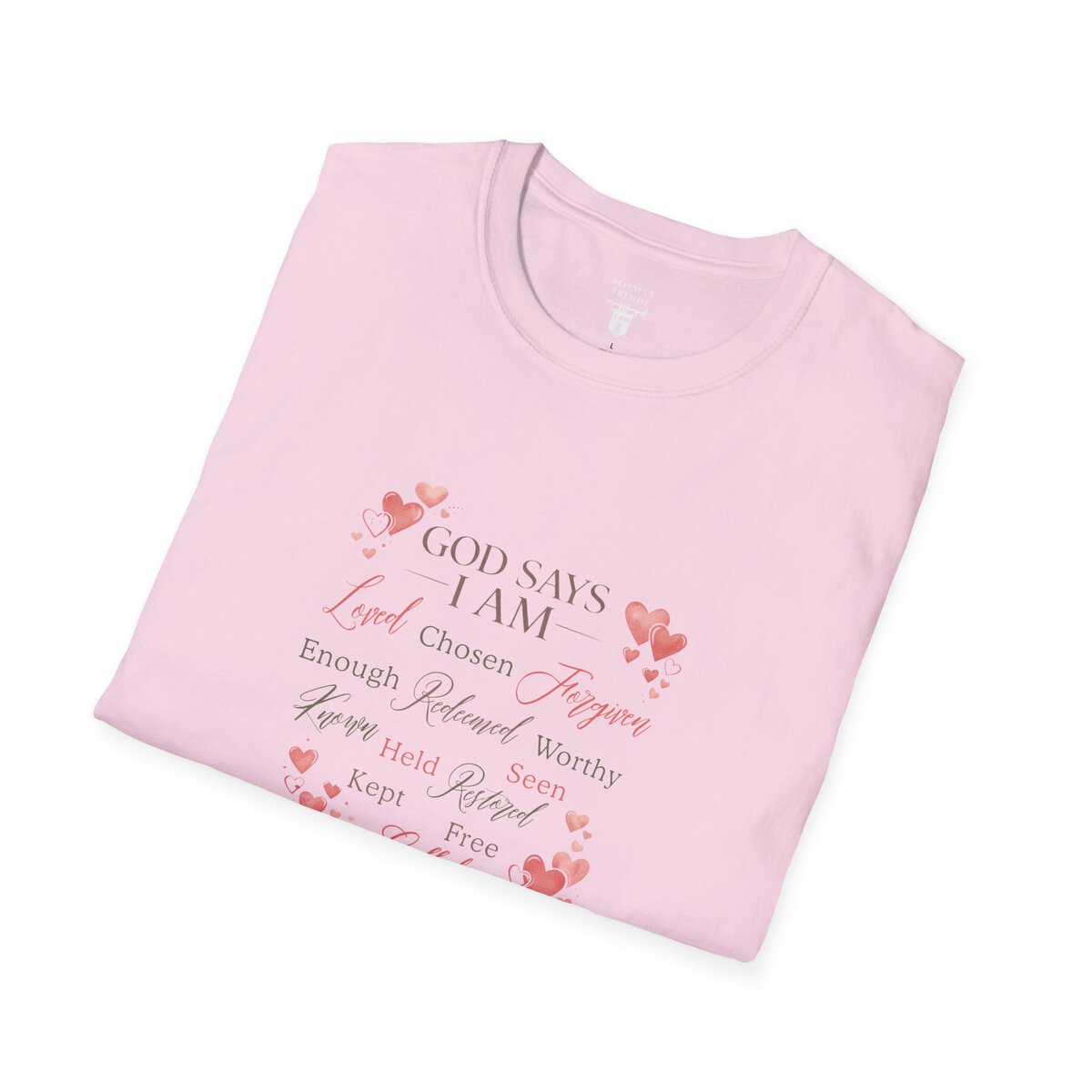 God Says I AM Word Cloud - Heart Motif - Unisex Softstyle T-Shirt - Image 42