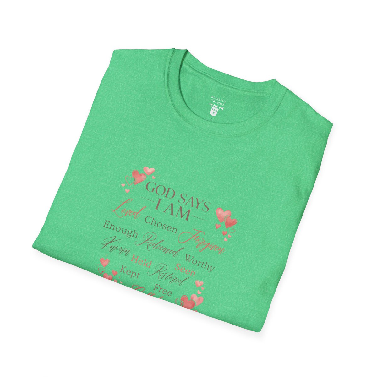 God Says I AM Word Cloud - Heart Motif - Unisex Softstyle T-Shirt - Image 30