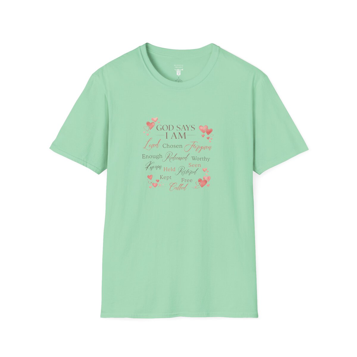 God Says I AM Word Cloud - Heart Motif - Unisex Softstyle T-Shirt - Image 22